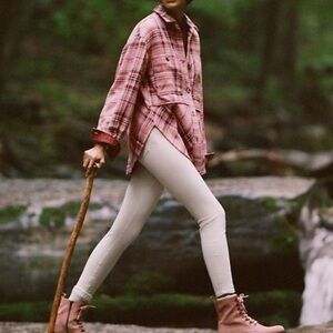 Anthropologie Hudson plaid shirt jacket pink brown tweed shacket  oversized M